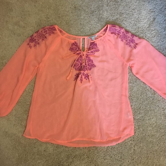 American Eagle Sheer Neon Orange Pink Bohemian Blouse - Picture 10 of 14